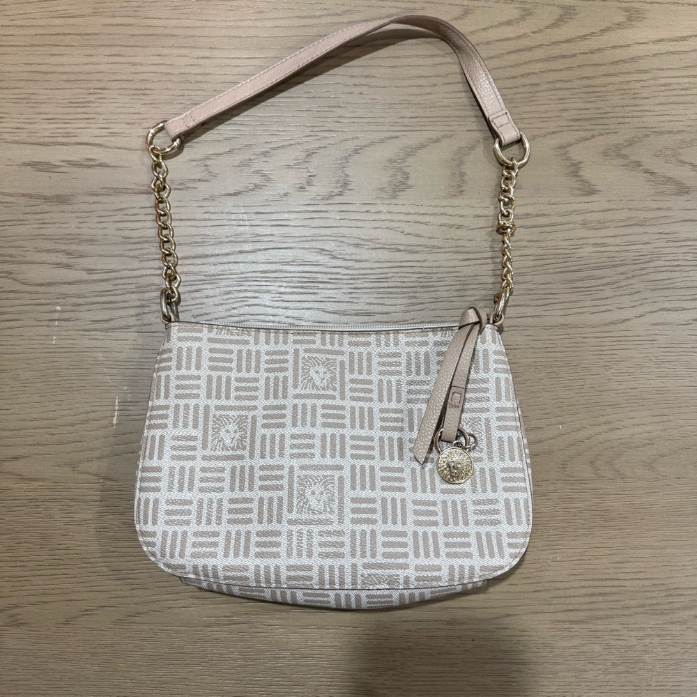 Anne Klein Logo Jacquard Mini‎ Shoulder Bag Chain Strap Lion Medallion Tan Purse